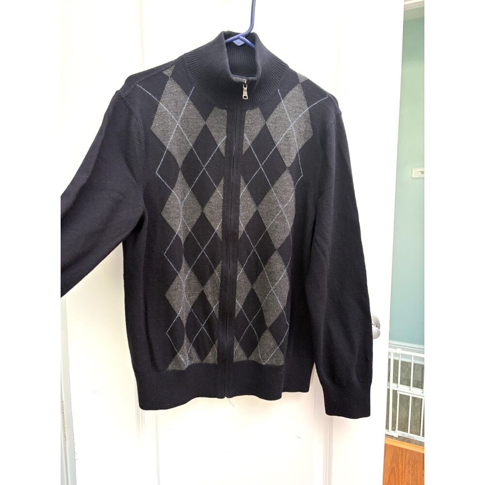 Banana Republic Mens Large Extra Fine Merino Wool Full Zip Sweater Argyle Navy